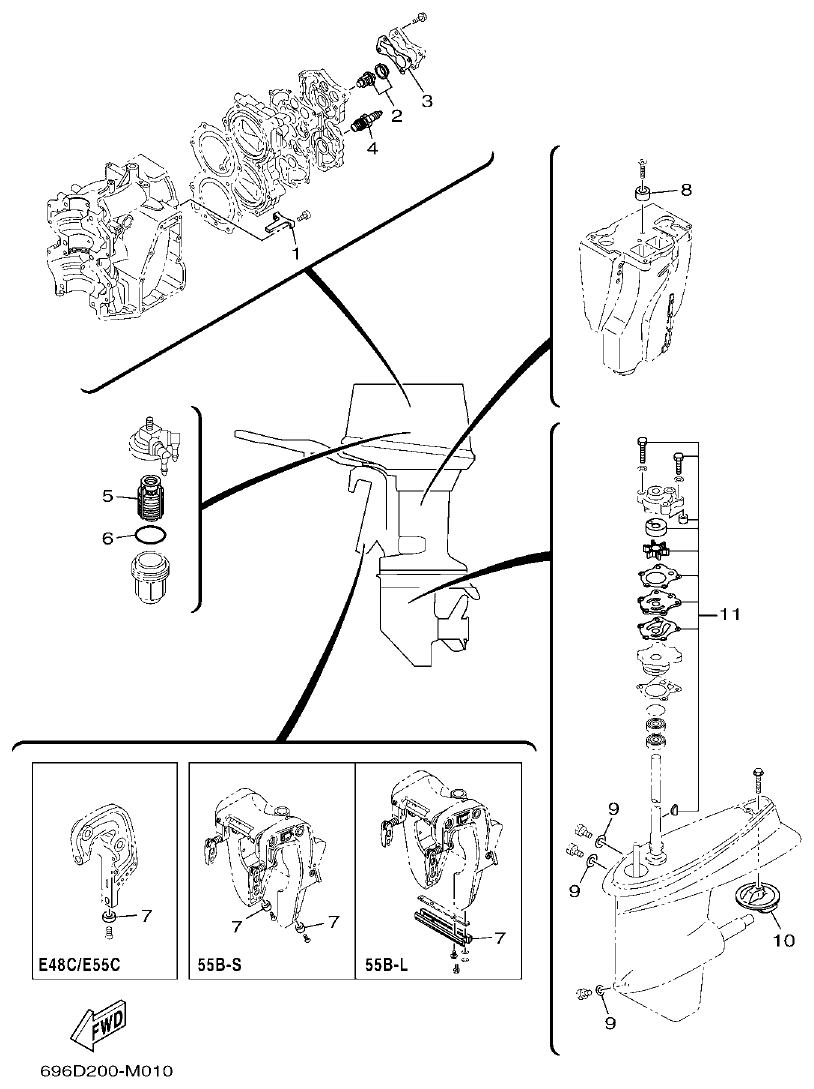 Yamaha E48C, E55C, 55B, E48CMH, E55CMH SCHEDULED SERVICE PARTS parts diagram